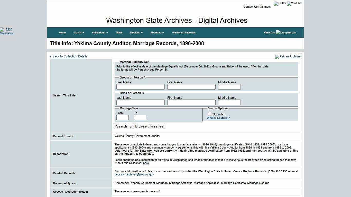 Washington State Archives, Digital Archives - Title Info: Yakima County Auditor, Marriage Records, 1896-2008